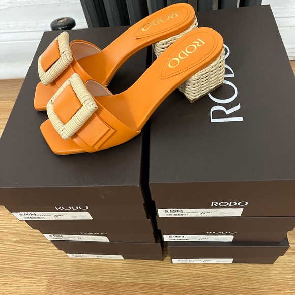 Rodo Shoes - Rodo Orange Leather Sandals with Raffia Heel. Brand New in Box with Shoe Bag